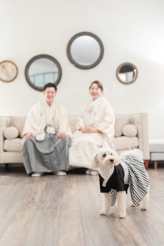 家族と愛犬そろって和装フォト。笑顔と拍手に包まれた撮影